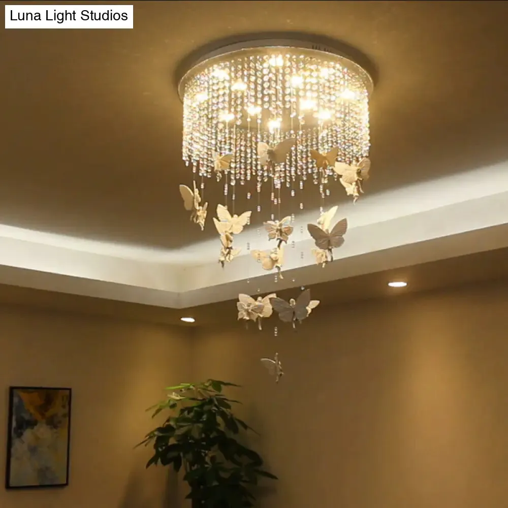 Contemporary Drum Flush Light with Clear Crystal Strand and LED Silver Ceiling Lighting - 19.5"/23.5" W - Warm/White Light Option - Butterfly Fairy Deco