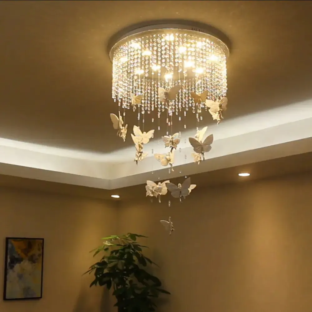 Contemporary Drum Flush Light with Clear Crystal Strand and LED Silver Ceiling Lighting - 19.5"/23.5" W - Warm/White Light Option - Butterfly Fairy Deco