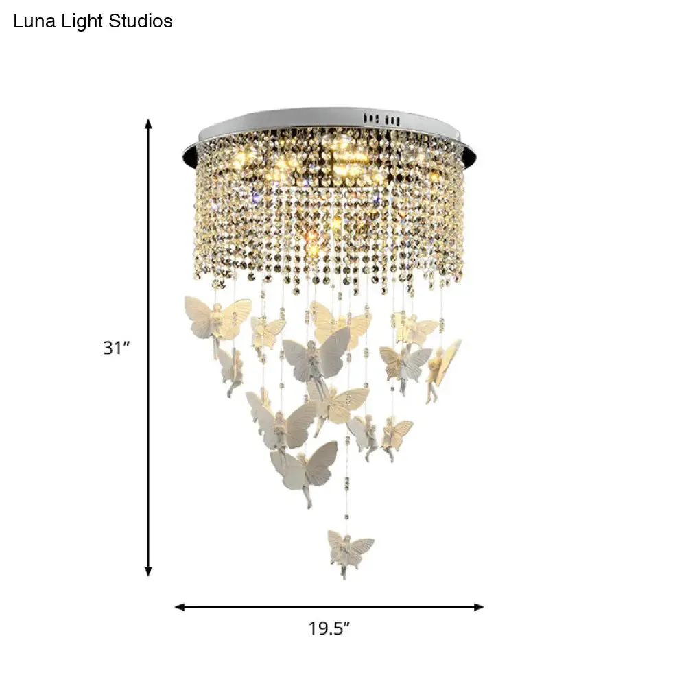 Contemporary Drum Flush Light with Clear Crystal Strand and LED Silver Ceiling Lighting - 19.5"/23.5" W - Warm/White Light Option - Butterfly Fairy Deco