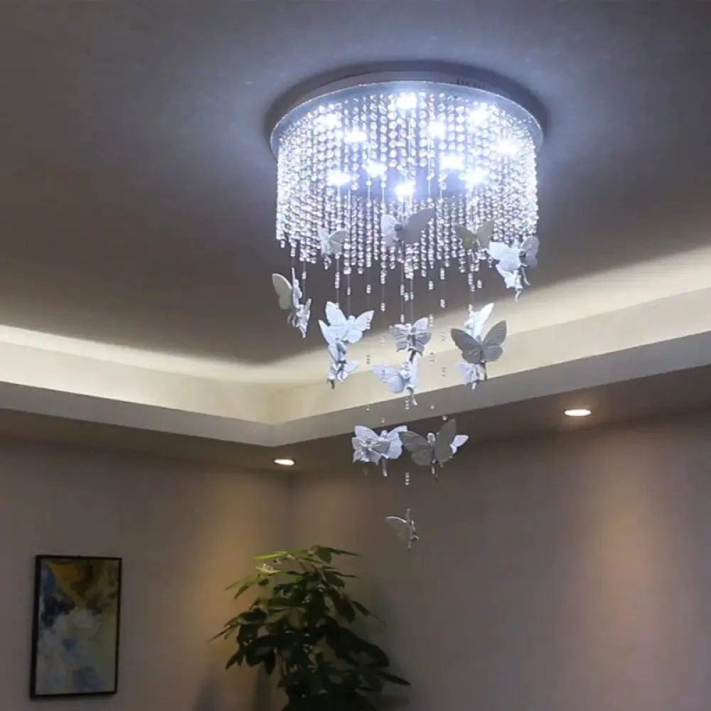 Contemporary Drum Flush Light with Clear Crystal Strand and LED Silver Ceiling Lighting - 19.5"/23.5" W - Warm/White Light Option - Butterfly Fairy Deco