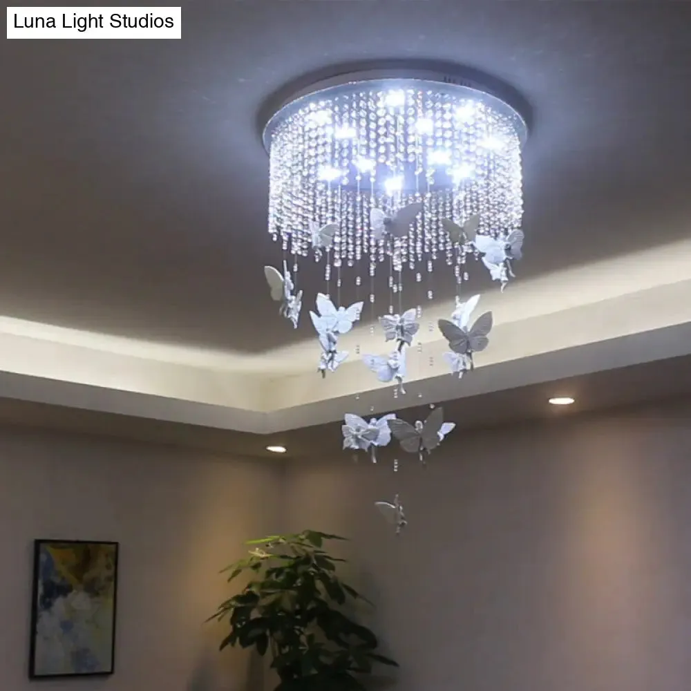 Contemporary Drum Flush Light with Clear Crystal Strand and LED Silver Ceiling Lighting - 19.5"/23.5" W - Warm/White Light Option - Butterfly Fairy Deco