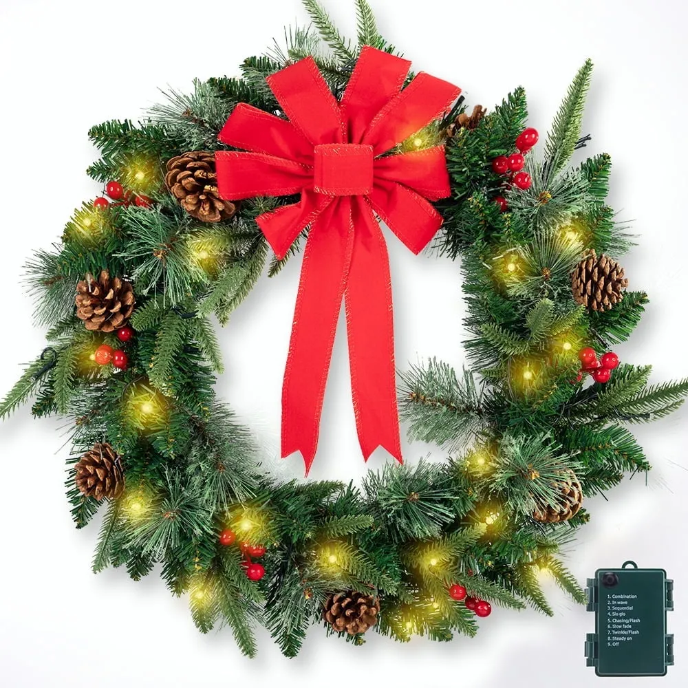 cozy 24' Pre-Lit Christmas Wreath Decorations with 70 Lights and PVC Branches, Artificial Christmas Wreaths for Front Door, Battery-Operated, with Pine Cones and Ribbons, Green and Red