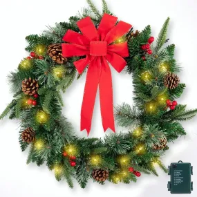 cozy 24' Pre-Lit Christmas Wreath Decorations with 70 Lights and PVC Branches, Artificial Christmas Wreaths for Front Door, Battery-Operated, with Pine Cones and Ribbons, Green and Red