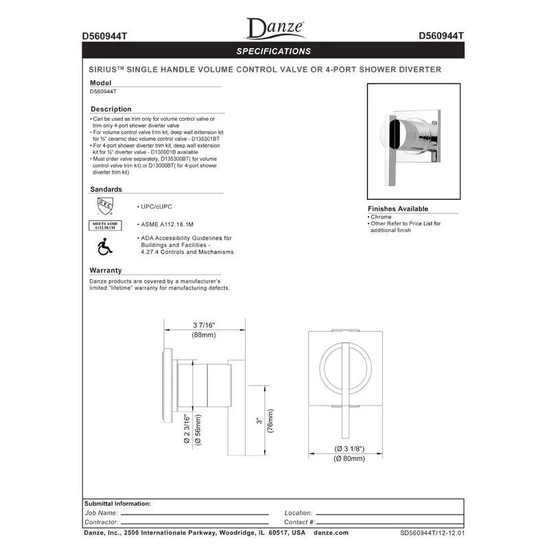 Danze Sirius Brushed Nickel 1 Handle Volume Control 4-Port Shower Diverter INCLUDES Rough-in Valve