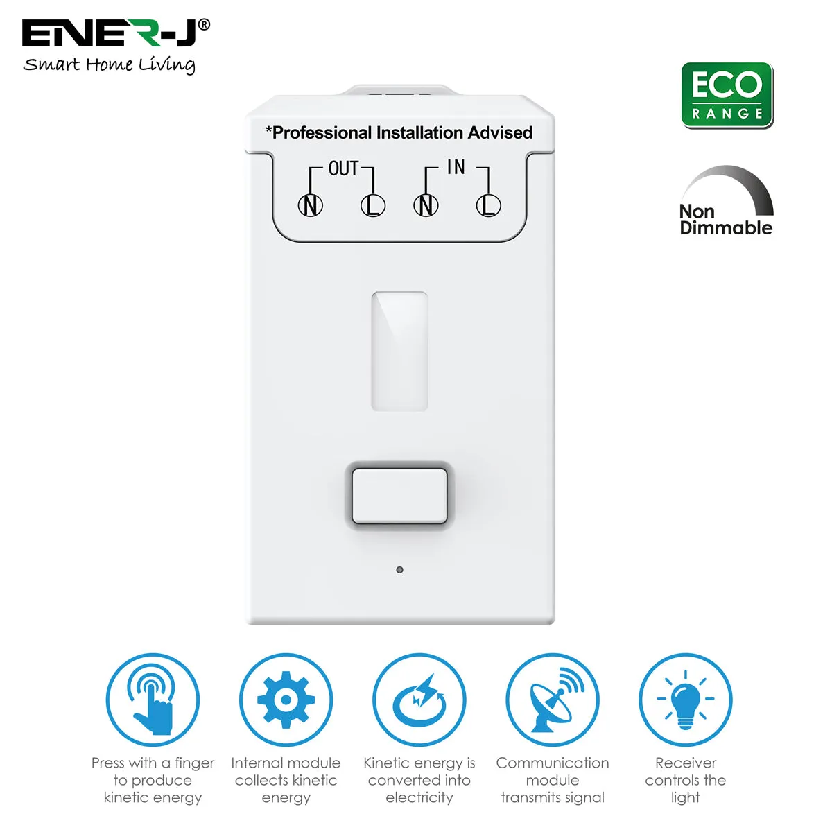 Enerj 3 Gang Wireless Kinetic Switch, White with 3 Non Dimmable 5A RF Receiver Eco Range