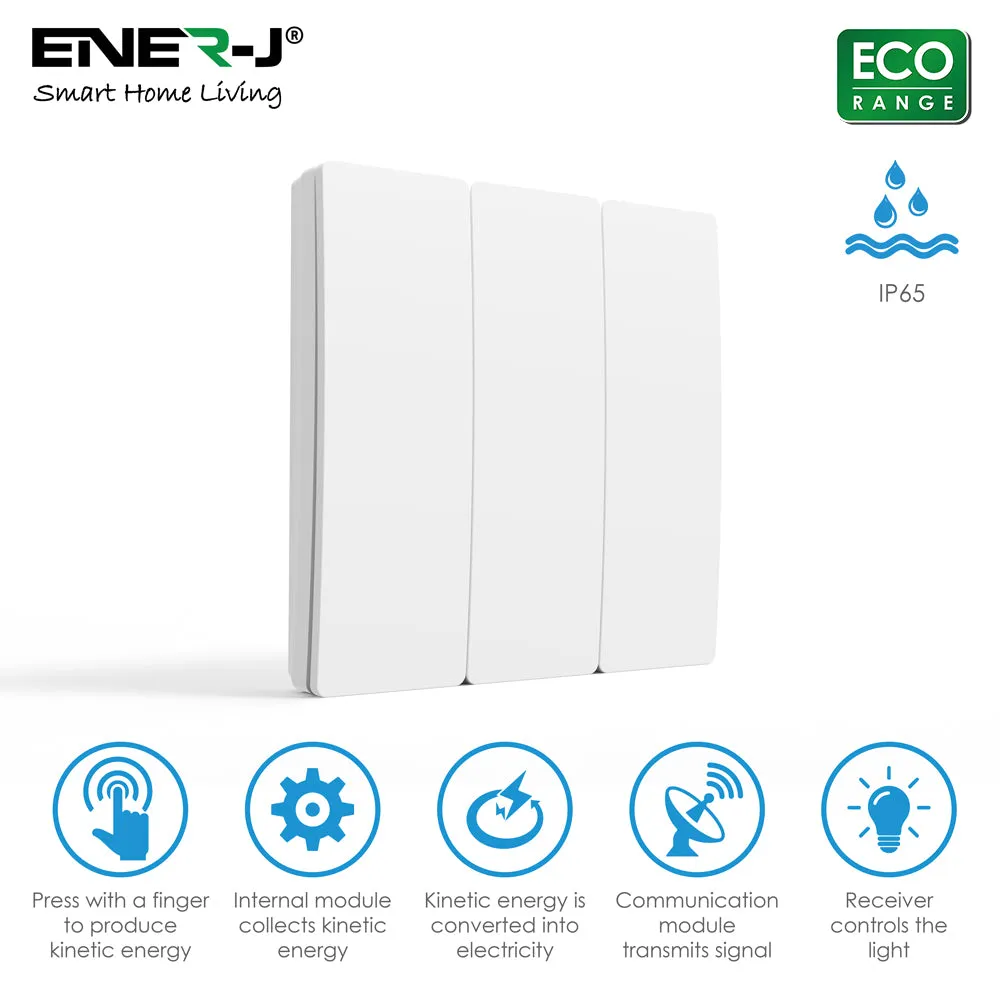 Enerj 3 Gang Wireless Kinetic Switch, White with 3 Non Dimmable 5A RF Receiver Eco Range