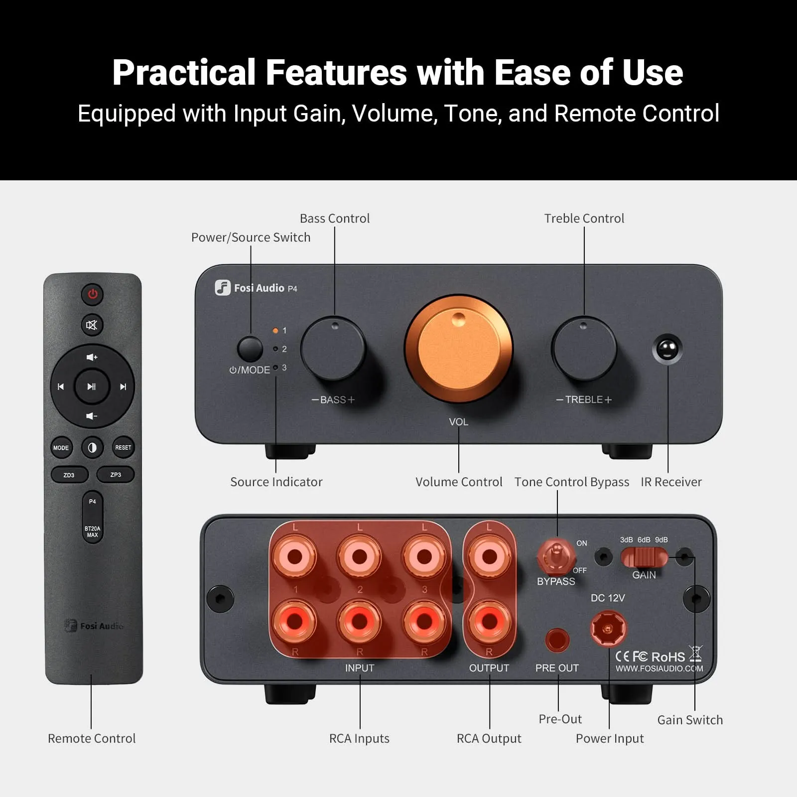 Fosi Audio P4 Mini Preamp with 3 RCA Inputs, EQ/Bypass, Treble & Bass Tone Control with Remote Control