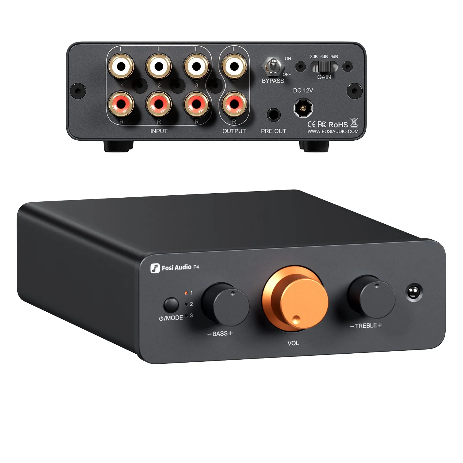 Fosi Audio P4 Mini Preamp with 3 RCA Inputs, EQ/Bypass, Treble & Bass Tone Control with Remote Control