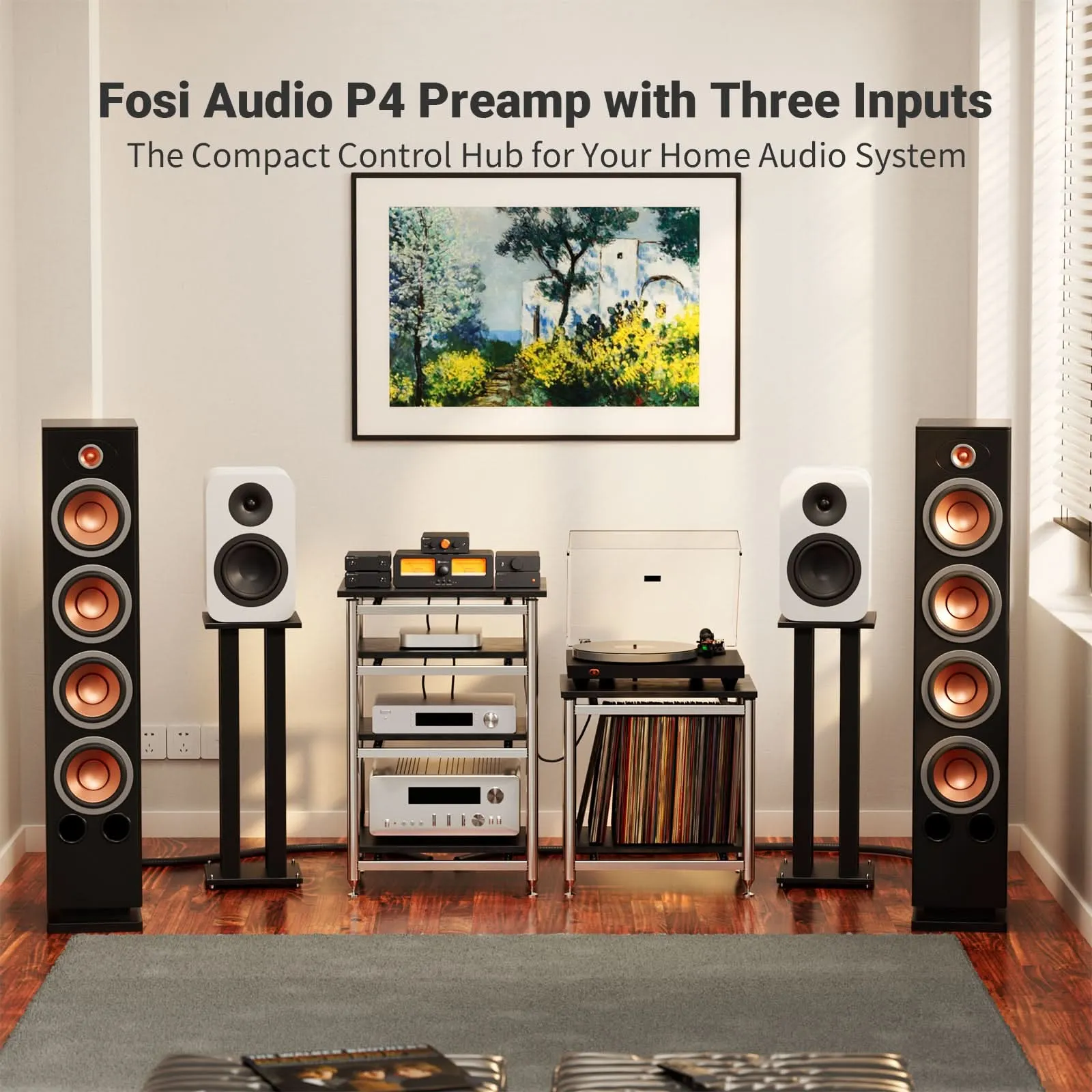 Fosi Audio P4 Mini Preamp with 3 RCA Inputs, EQ/Bypass, Treble & Bass Tone Control with Remote Control