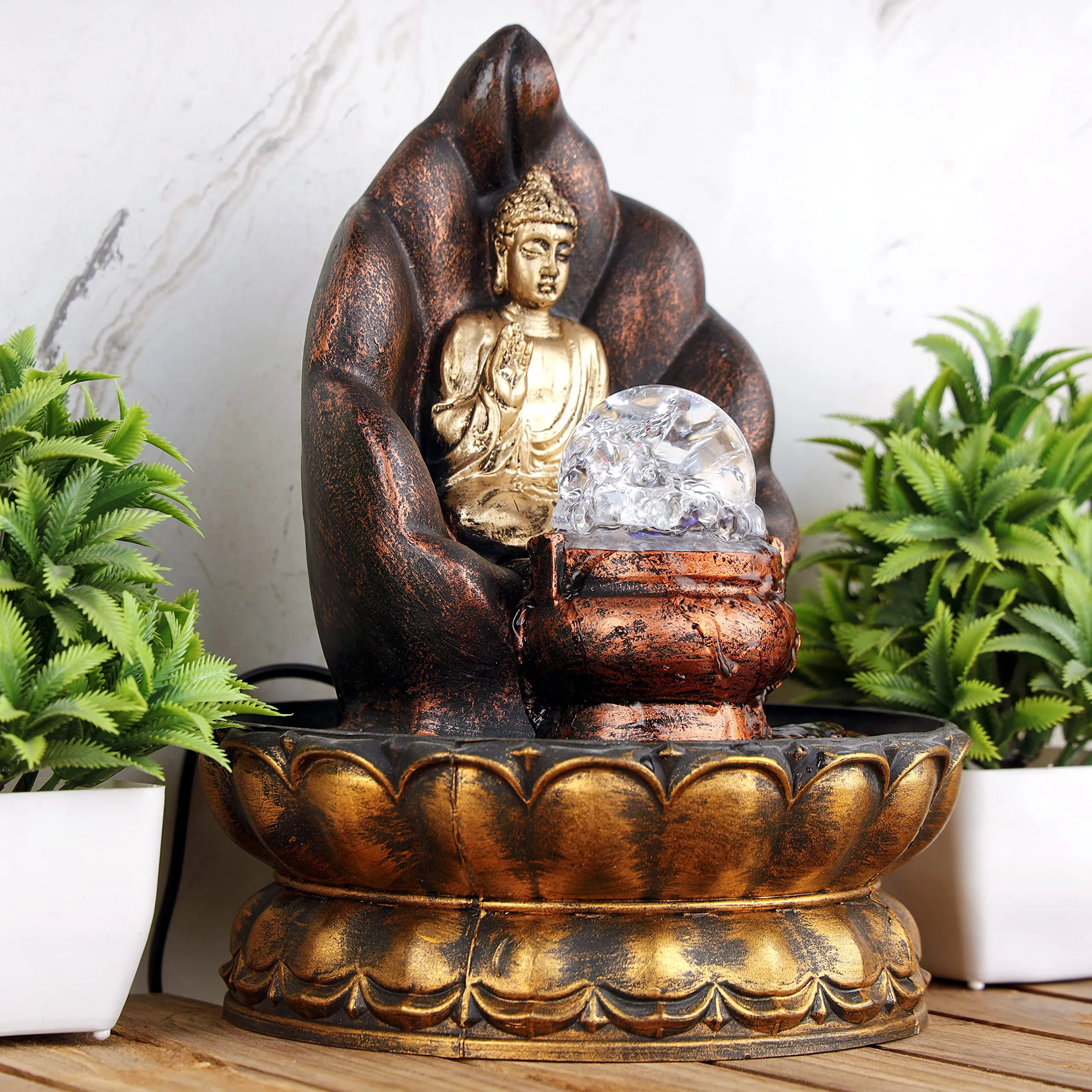 Global Grabbers Polyresin Table Top Indoor Outdoor Water Fall Fountain with LED Lights Home Decor Decoration Gift Gifting Items-GOL_COP-SF38-(000)