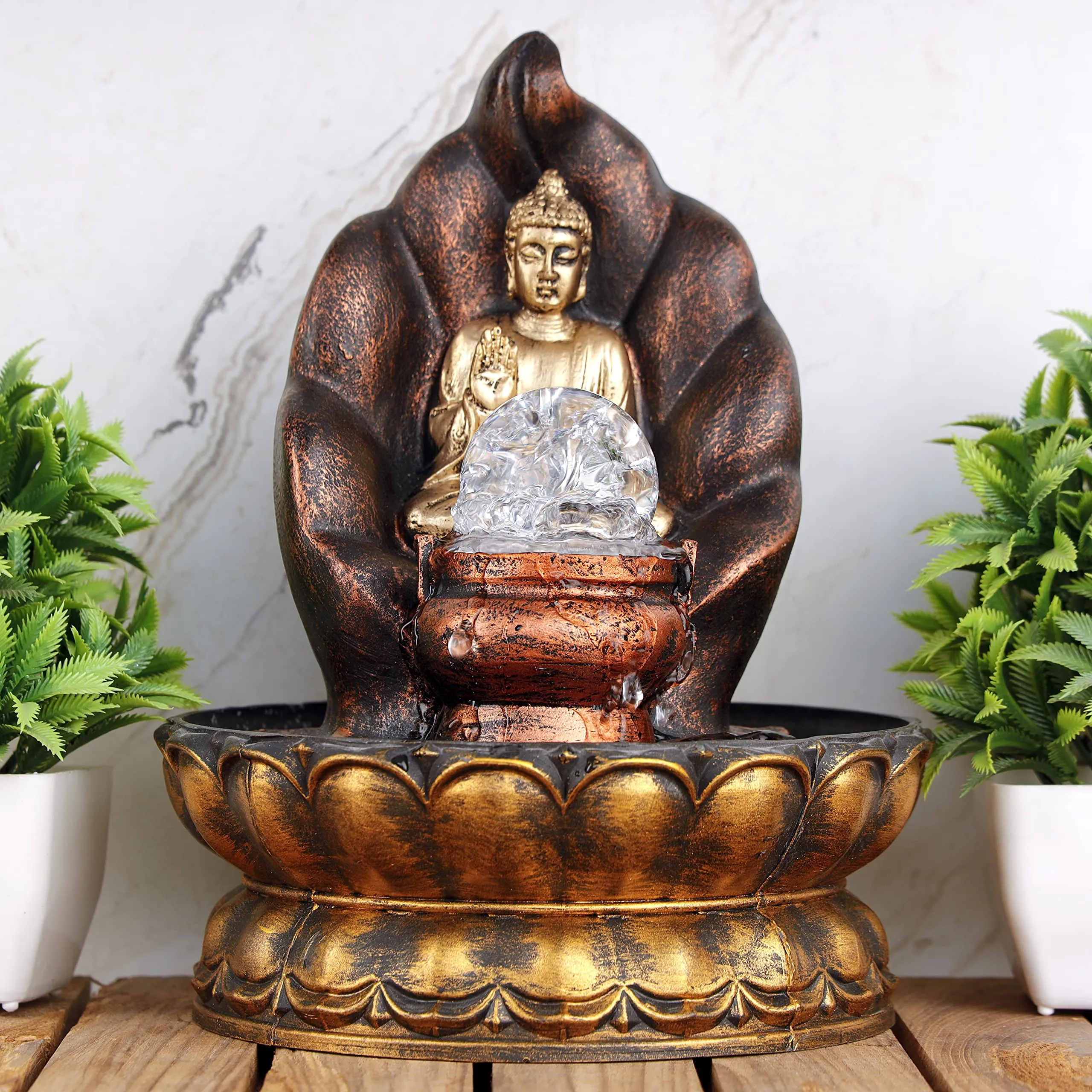 Global Grabbers Polyresin Table Top Indoor Outdoor Water Fall Fountain with LED Lights Home Decor Decoration Gift Gifting Items-GOL_COP-SF38-(000)