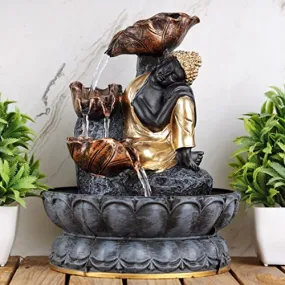 Global Grabbers Polyresin Table Top Indoor Outdoor Water Fall Fountain with LED Lights Home Decor Decoration Gift Gifting Items-GOL_GRY-SF12-(1)