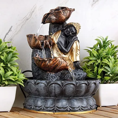Global Grabbers Polyresin Table Top Indoor Outdoor Water Fall Fountain with LED Lights Home Decor Decoration Gift Gifting Items-GOL_GRY-SF12-(1)