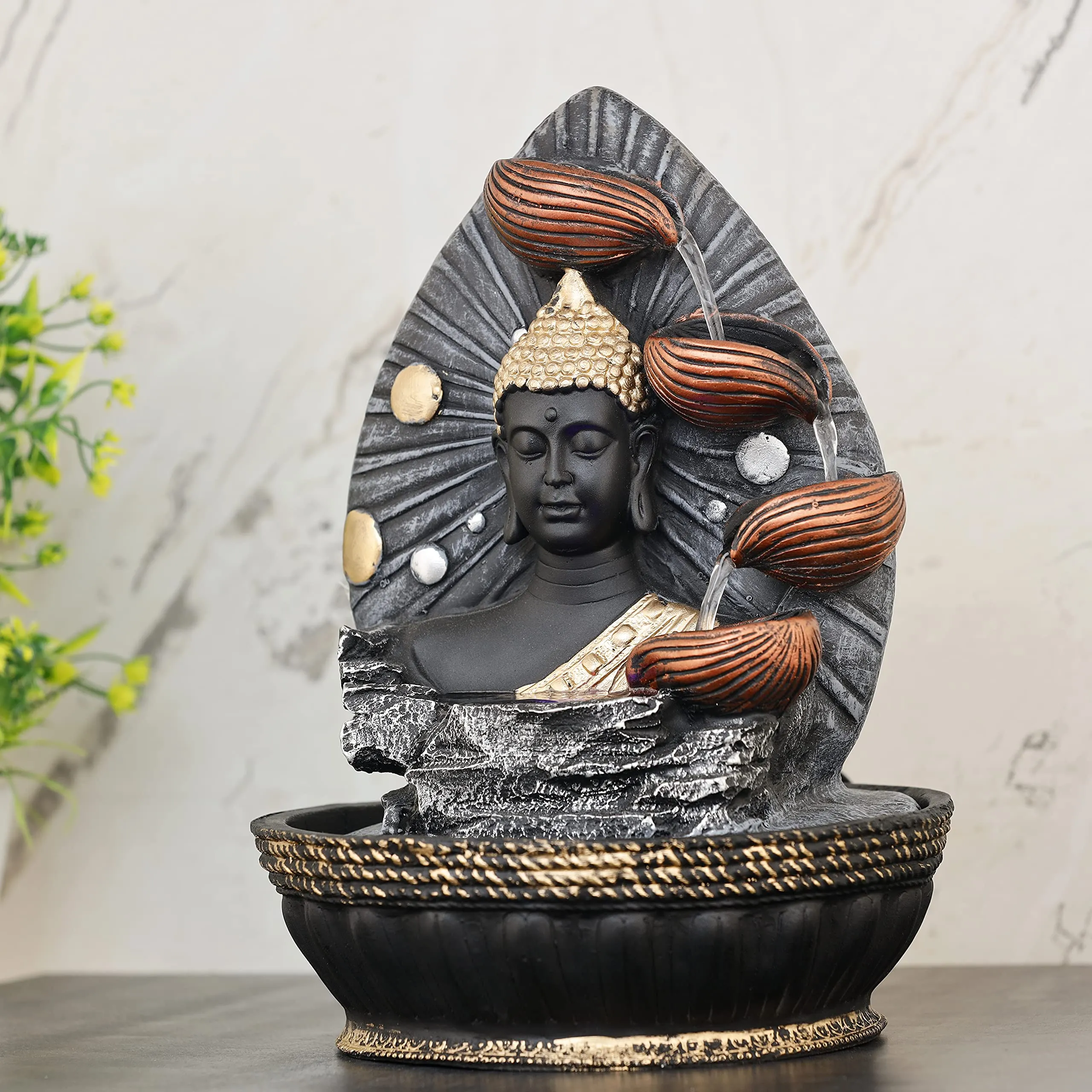 Global Grabbers Polyresin Table Top Indoor Outdoor Water Fall Fountain with LED Lights Home Decor Decoration Gift Gifting Items-GOL_GRY-SF48-(000)