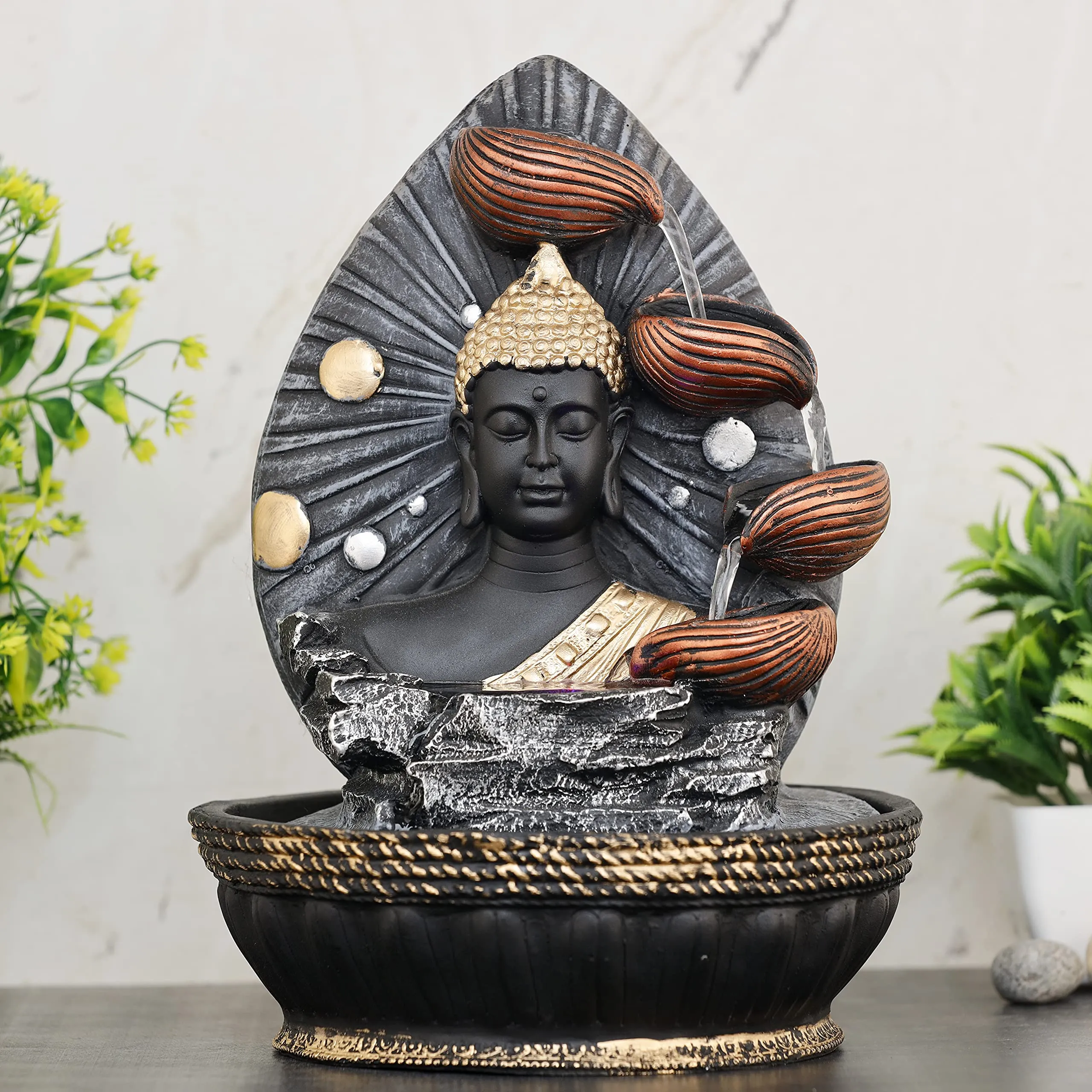 Global Grabbers Polyresin Table Top Indoor Outdoor Water Fall Fountain with LED Lights Home Decor Decoration Gift Gifting Items-GOL_GRY-SF48-(000)