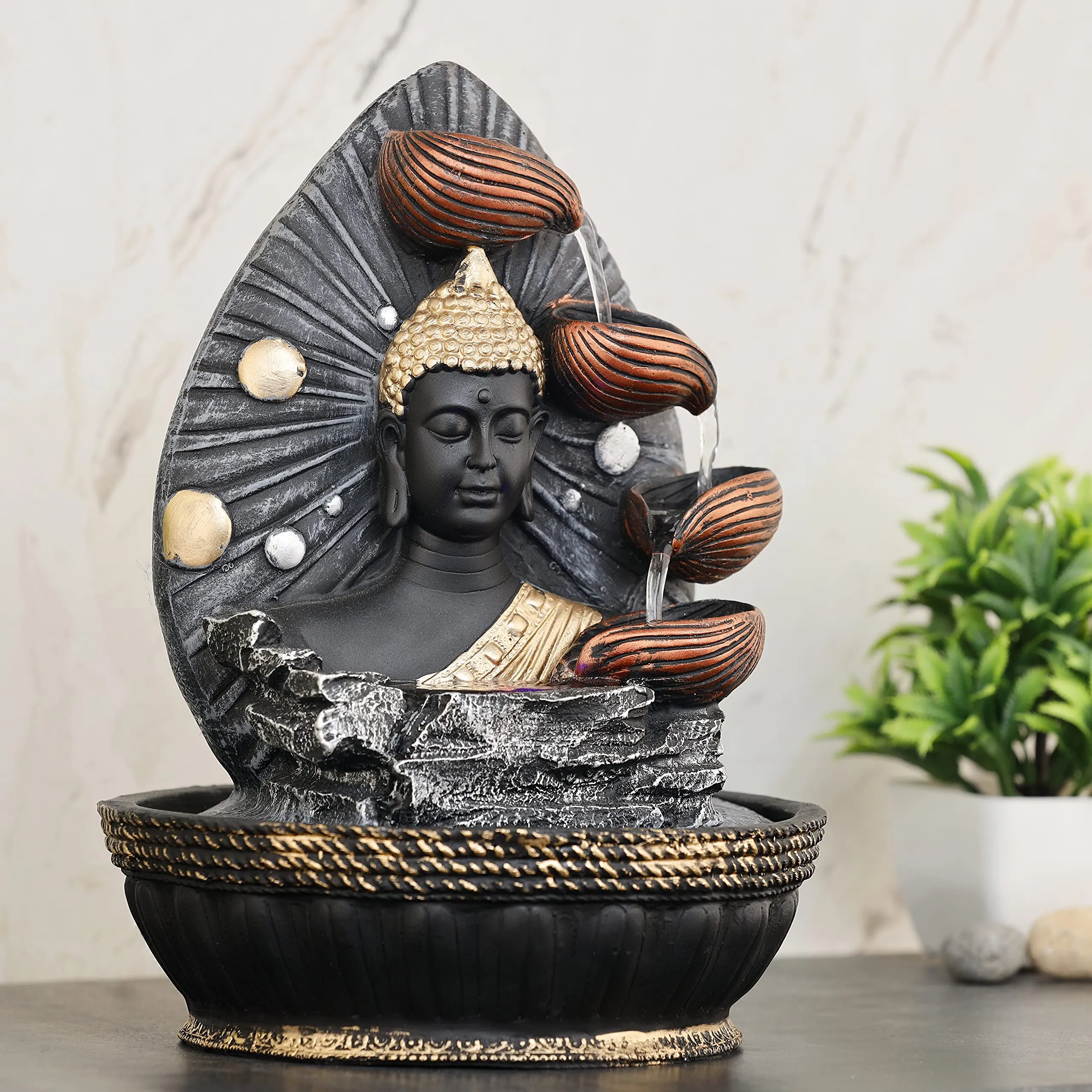 Global Grabbers Polyresin Table Top Indoor Outdoor Water Fall Fountain with LED Lights Home Decor Decoration Gift Gifting Items-GOL_GRY-SF48-(000)