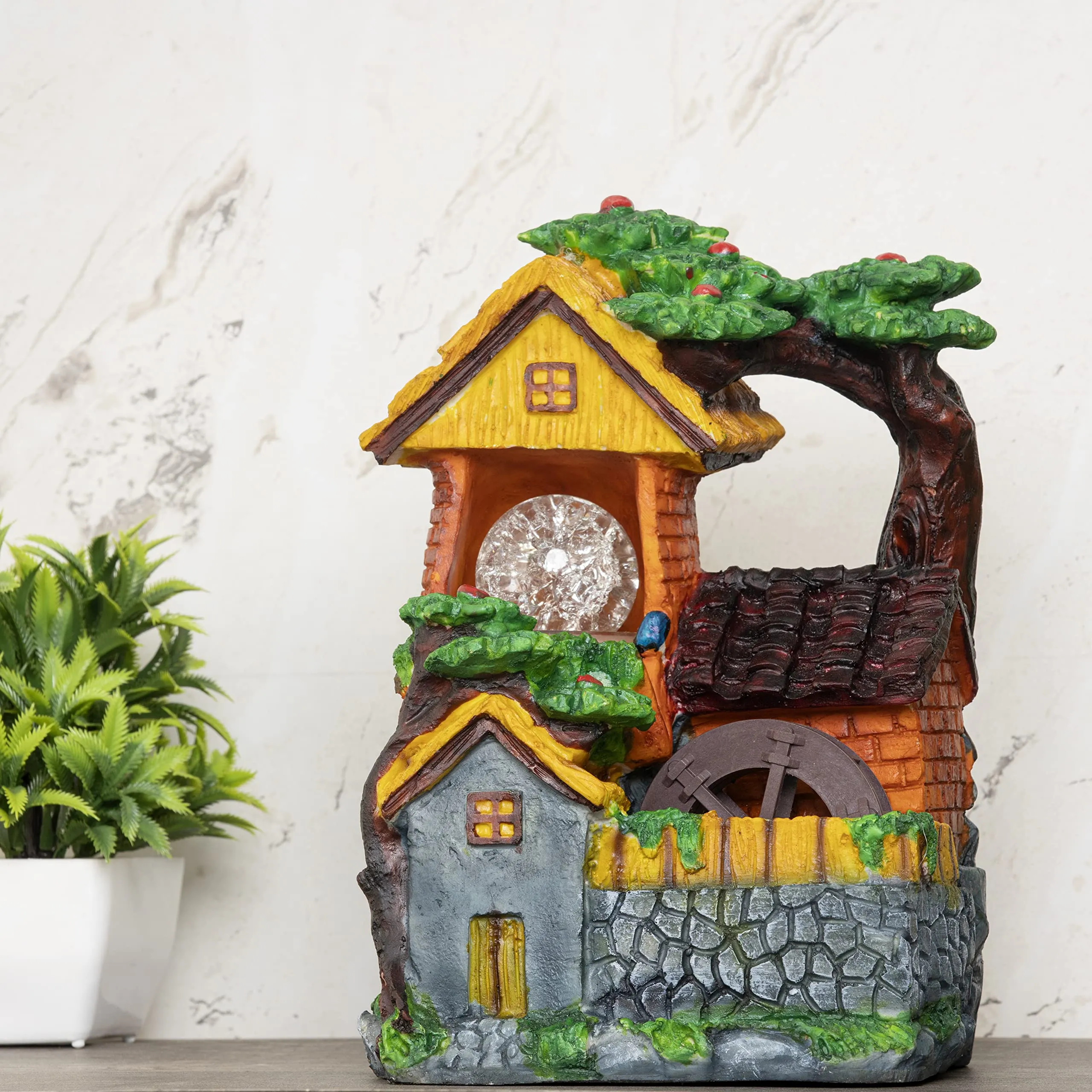 Global Grabbers Polyresin Table Top Indoor Outdoor Water Fall Fountain with LED Lights Home Decor Decoration Gift Gifting Items-NAT_MULTI-FN3-(000)