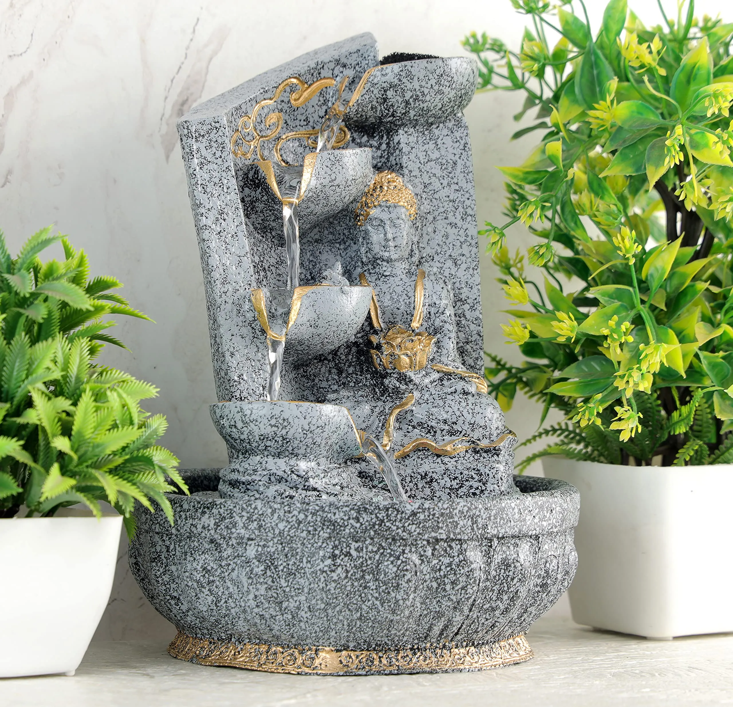 Global Grabbers Polyresin Table Top Indoor Outdoor Water Fall Fountain with LED Lights Home Decor Decoration Gift Gifting Items-STN_GRY-SG15