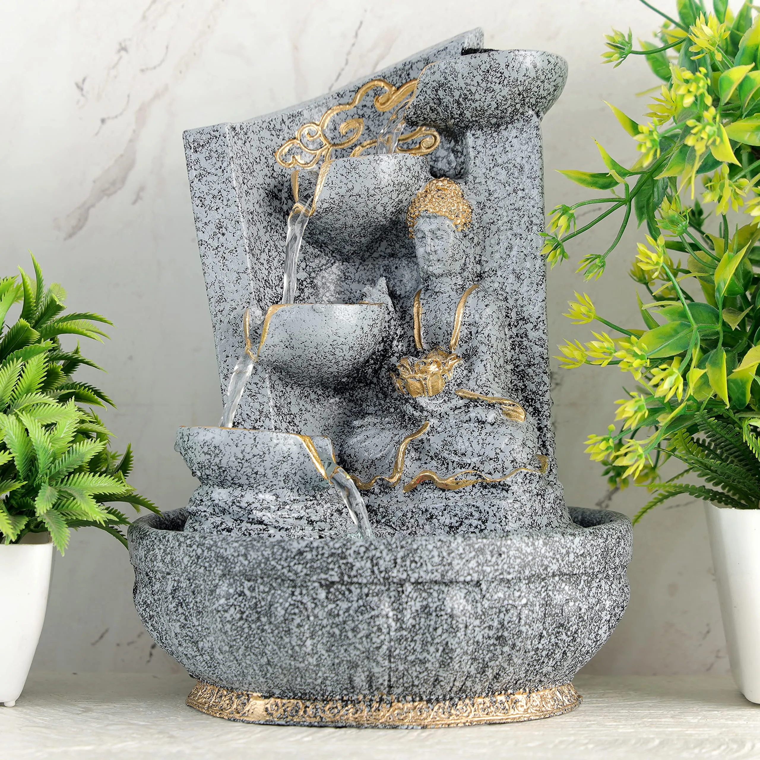 Global Grabbers Polyresin Table Top Indoor Outdoor Water Fall Fountain with LED Lights Home Decor Decoration Gift Gifting Items-STN_GRY-SG15