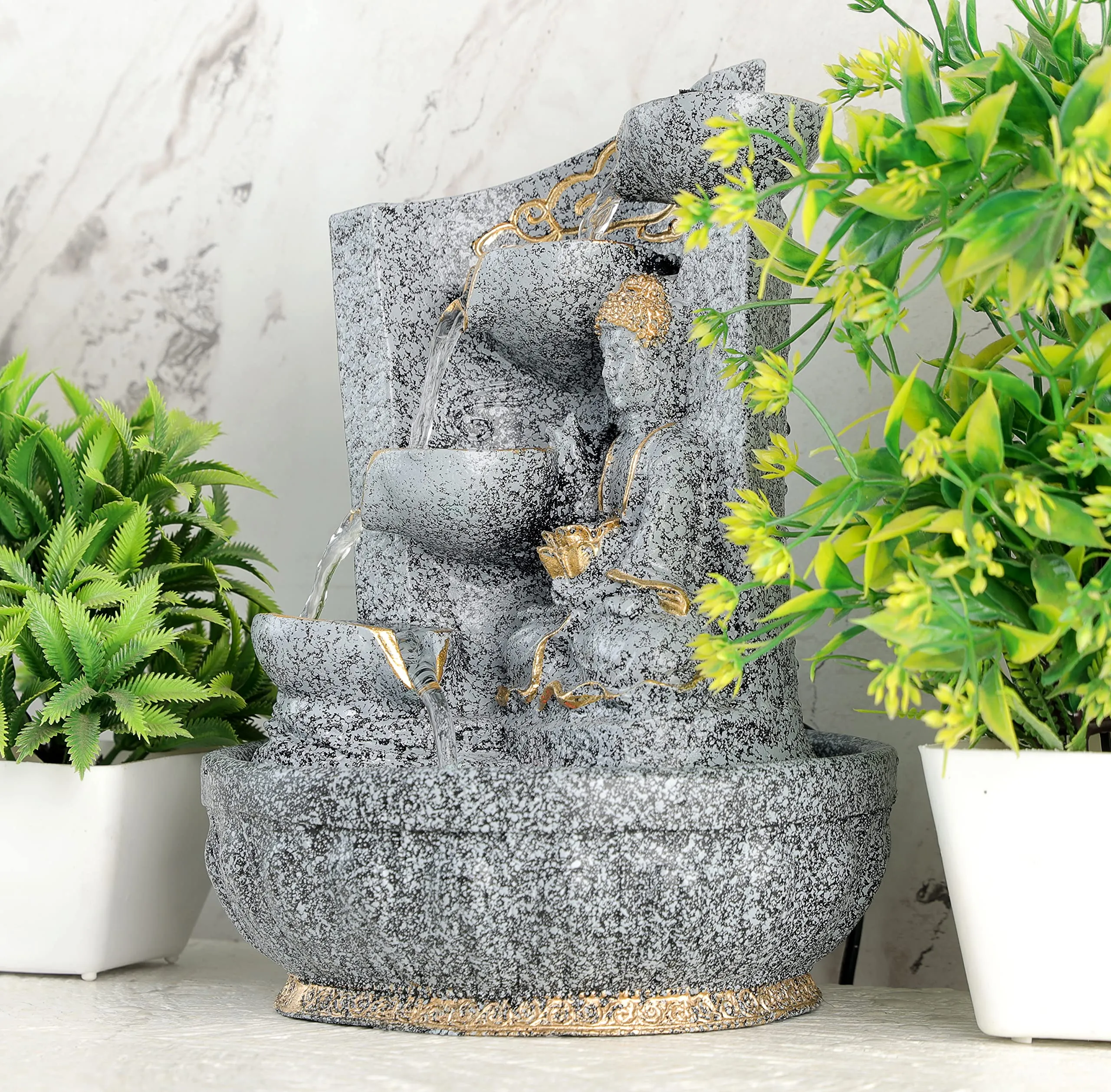 Global Grabbers Polyresin Table Top Indoor Outdoor Water Fall Fountain with LED Lights Home Decor Decoration Gift Gifting Items-STN_GRY-SG15