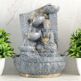 Global Grabbers Polyresin Table Top Indoor Outdoor Water Fall Fountain with LED Lights Home Decor Decoration Gift Gifting Items-STN_GRY-SG15