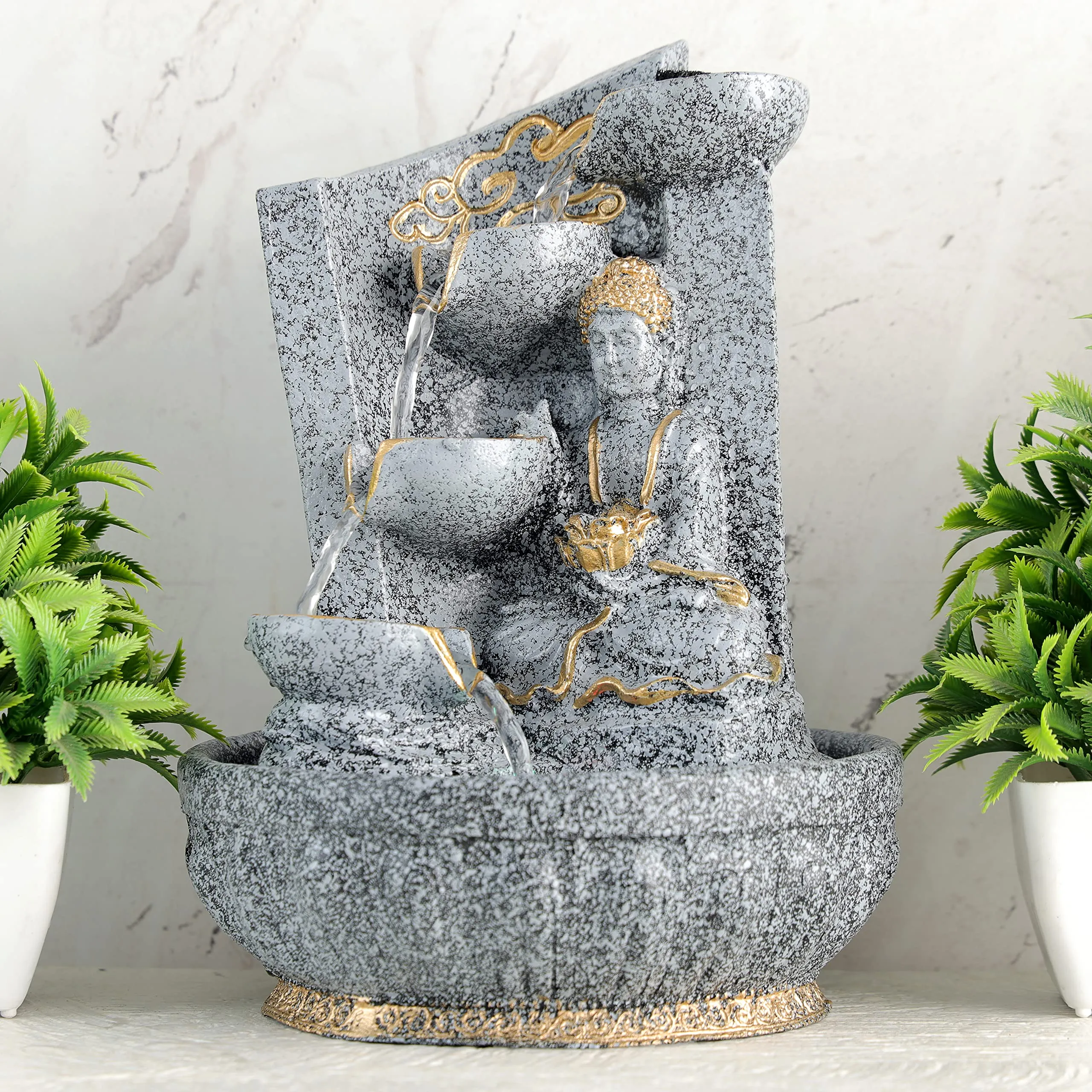 Global Grabbers Polyresin Table Top Indoor Outdoor Water Fall Fountain with LED Lights Home Decor Decoration Gift Gifting Items-STN_GRY-SG15