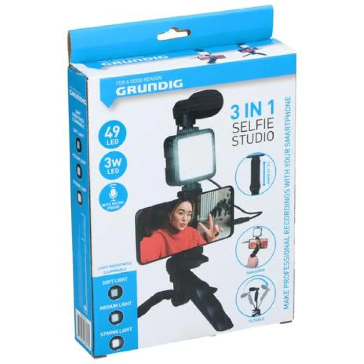 Grundig ED-38135: Kit 3 en 1 de estudio selfie para vlogging con iluminación, micrófono y trípode