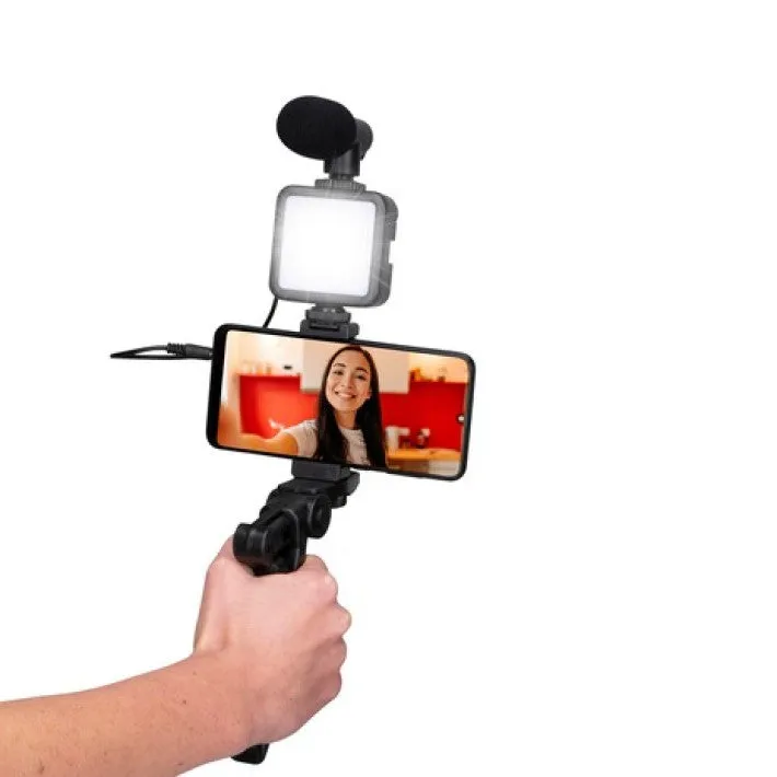 Grundig ED-38135: Kit 3 en 1 de estudio selfie para vlogging con iluminación, micrófono y trípode
