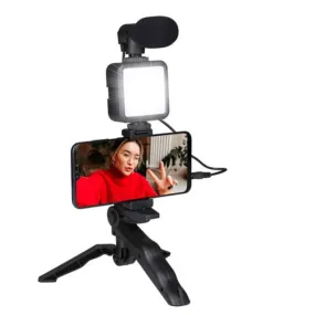 Grundig ED-38135: Kit 3 en 1 de estudio selfie para vlogging con iluminación, micrófono y trípode
