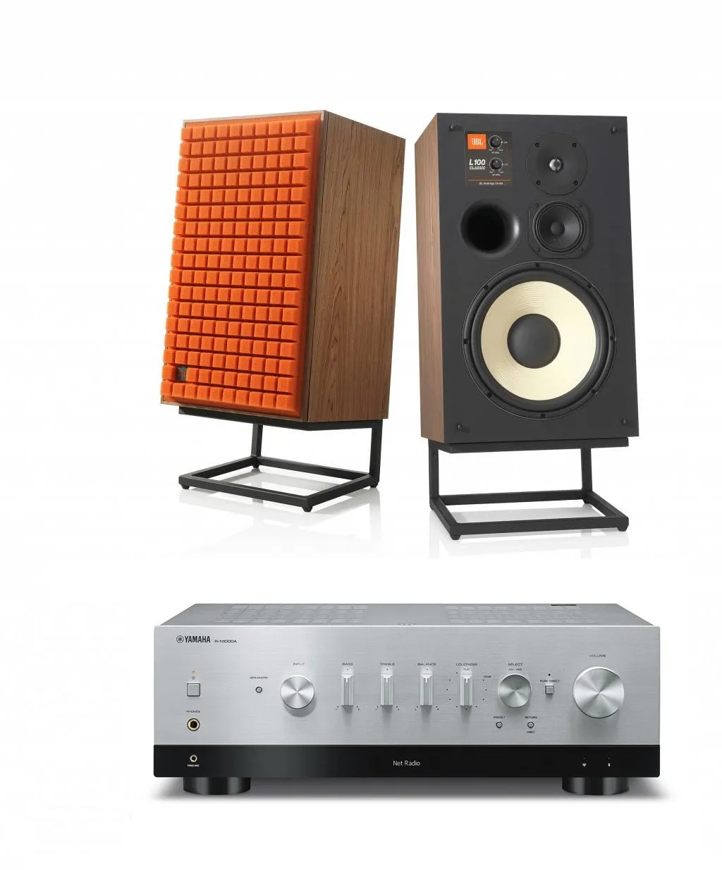 JBL L100 Classic 12" 3-Way Bookshelf Speaker Pair with Yamaha R-N1000A Stereo Receiver Bundle