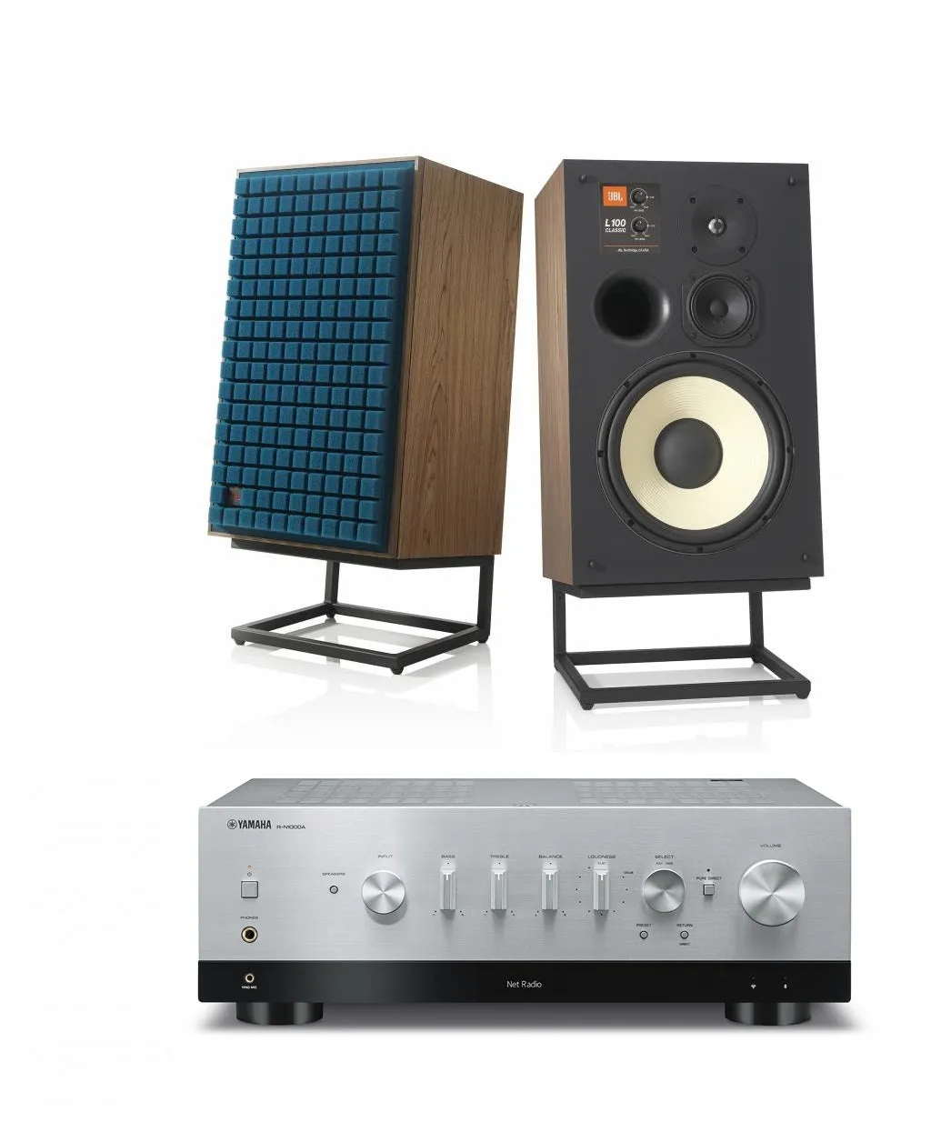 JBL L100 Classic 12" 3-Way Bookshelf Speaker Pair with Yamaha R-N1000A Stereo Receiver Bundle