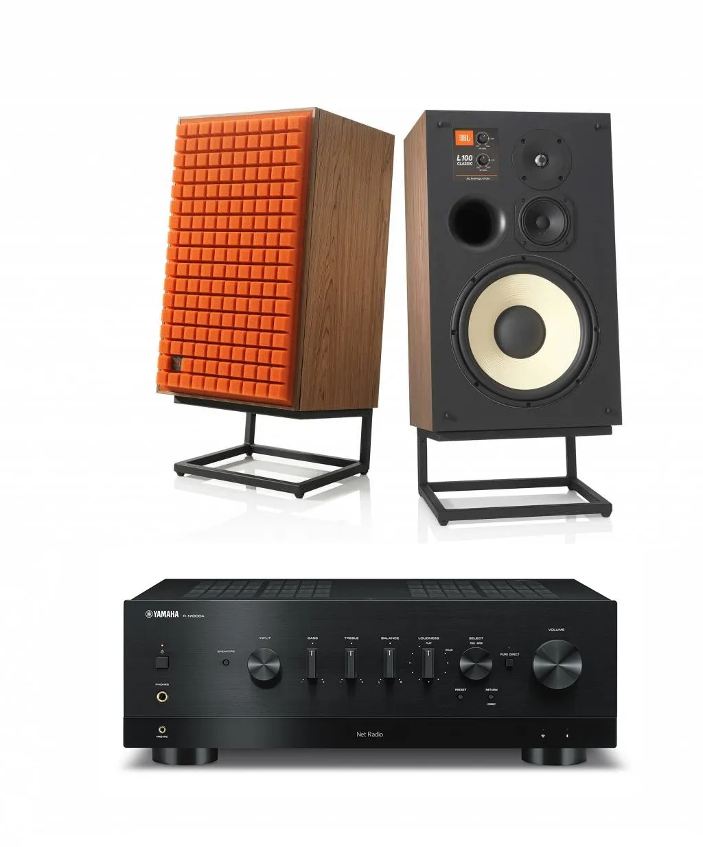 JBL L100 Classic 12" 3-Way Bookshelf Speaker Pair with Yamaha R-N1000A Stereo Receiver Bundle
