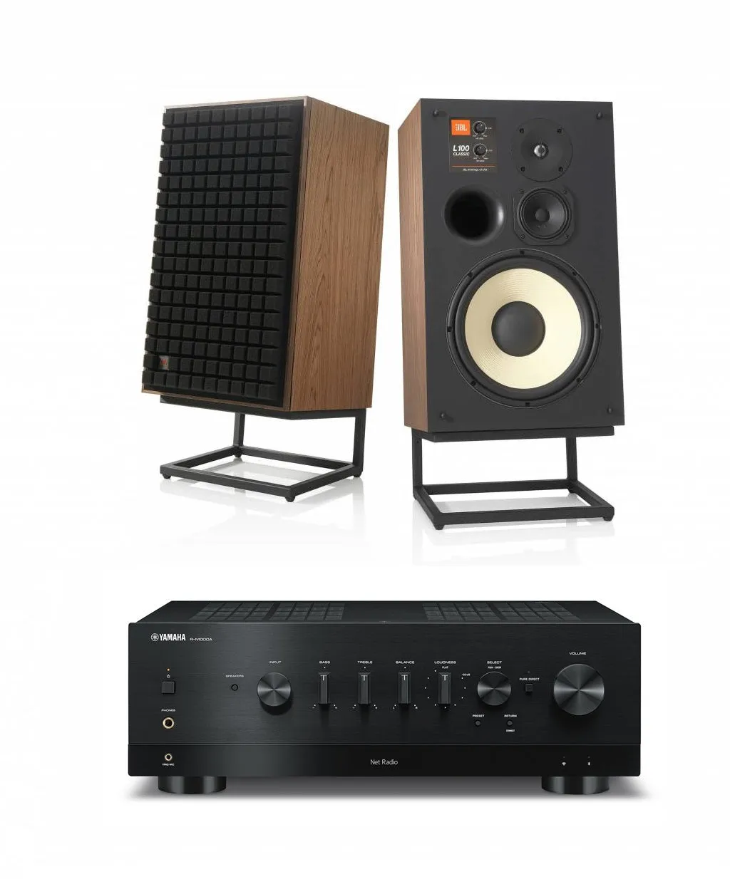 JBL L100 Classic 12" 3-Way Bookshelf Speaker Pair with Yamaha R-N1000A Stereo Receiver Bundle