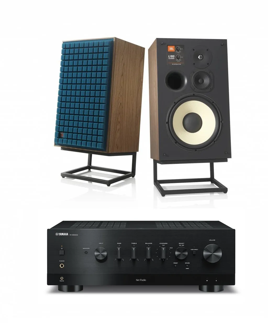 JBL L100 Classic 12" 3-Way Bookshelf Speaker Pair with Yamaha R-N1000A Stereo Receiver Bundle