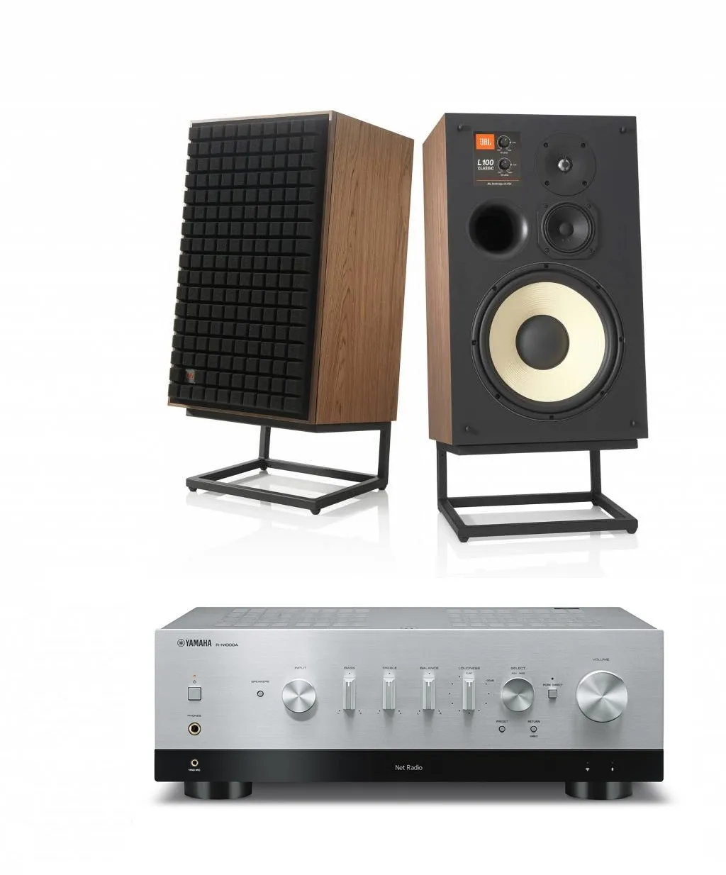 JBL L100 Classic 12" 3-Way Bookshelf Speaker Pair with Yamaha R-N1000A Stereo Receiver Bundle