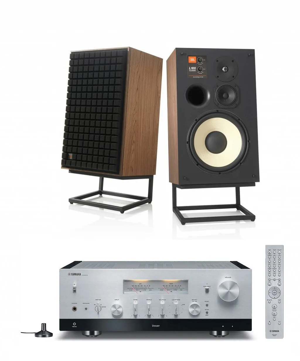 JBL L100 Classic 12" 3-Way Bookshelf Speaker Pair with Yamaha R-N2000A Stereo Receiver Bundle