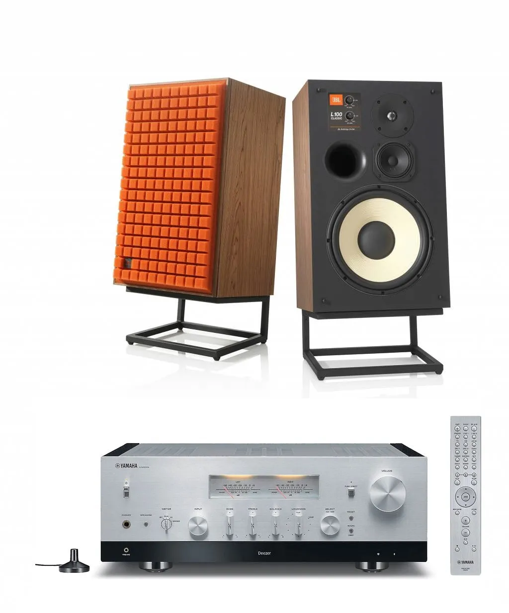 JBL L100 Classic 12" 3-Way Bookshelf Speaker Pair with Yamaha R-N2000A Stereo Receiver Bundle