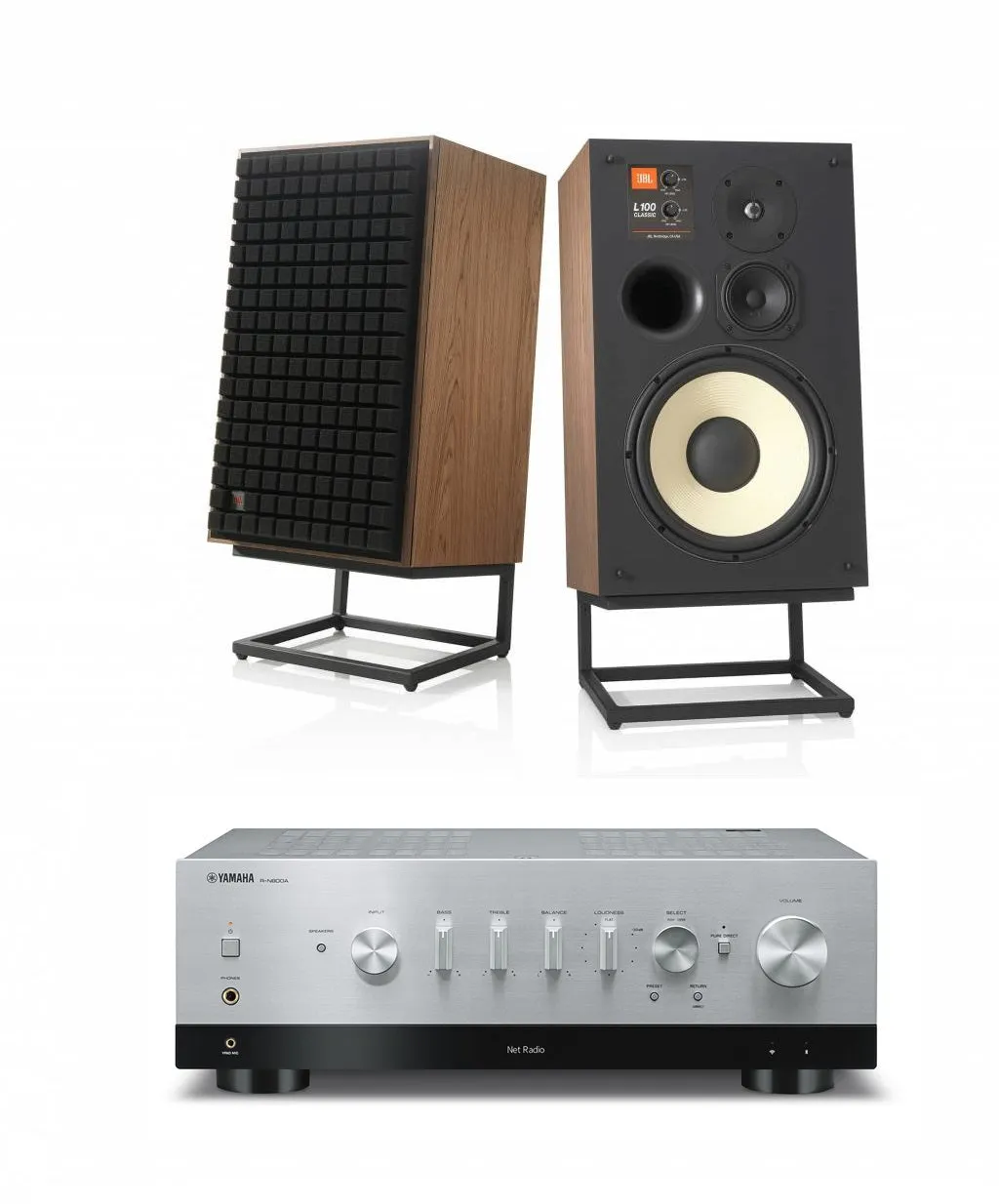 JBL L100 Classic 12" 3-Way Bookshelf Speaker Pair with Yamaha R-N800A Stereo Receiver Bundle