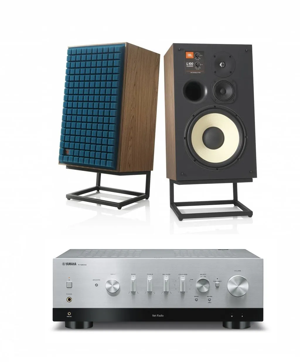 JBL L100 Classic 12" 3-Way Bookshelf Speaker Pair with Yamaha R-N800A Stereo Receiver Bundle