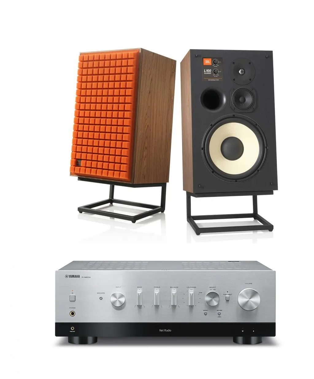 JBL L100 Classic 12" 3-Way Bookshelf Speaker Pair with Yamaha R-N800A Stereo Receiver Bundle