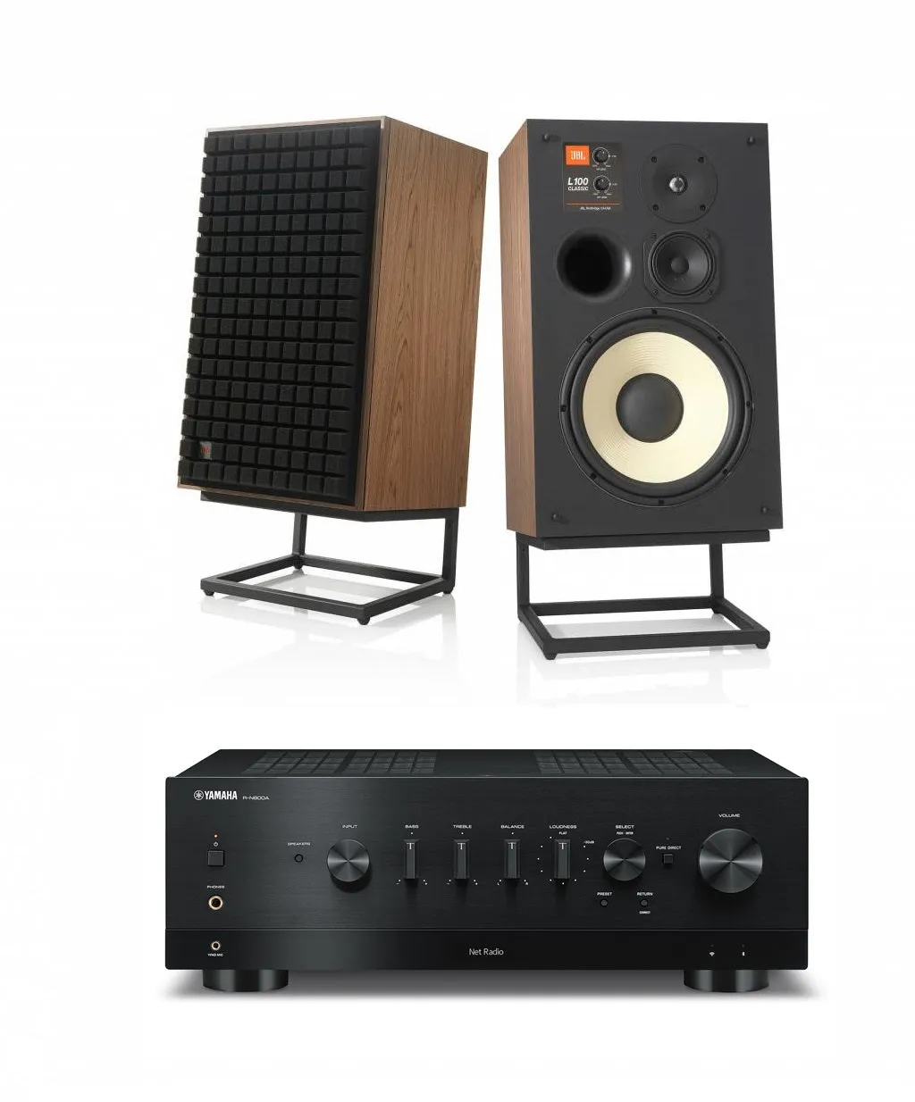 JBL L100 Classic 12" 3-Way Bookshelf Speaker Pair with Yamaha R-N800A Stereo Receiver Bundle
