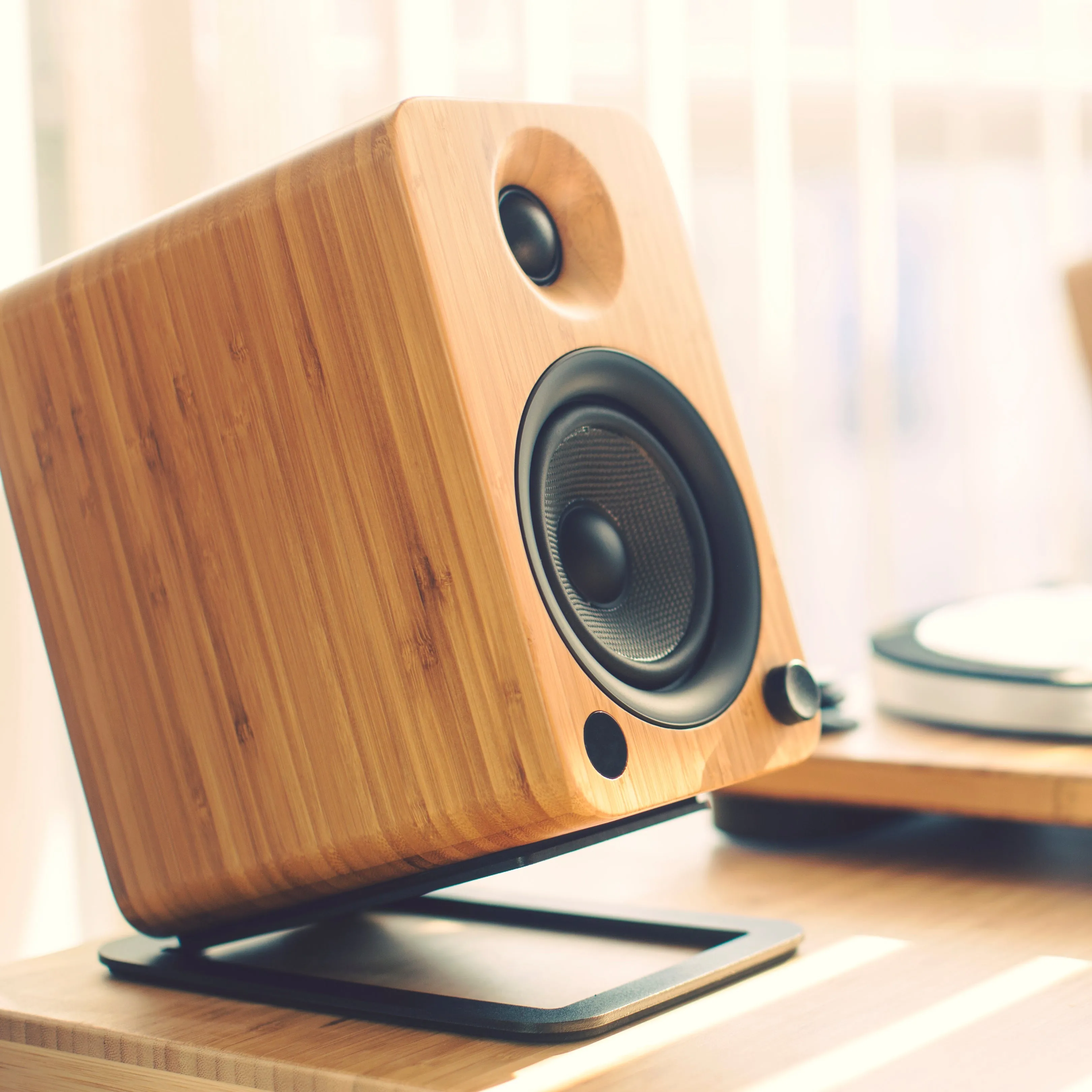 Kanto YU4 140W Powered Bookshelf Speakers with Bluetooth and Phono Preamp - Pair, Bamboo with SP32PL Black Stand Bundle