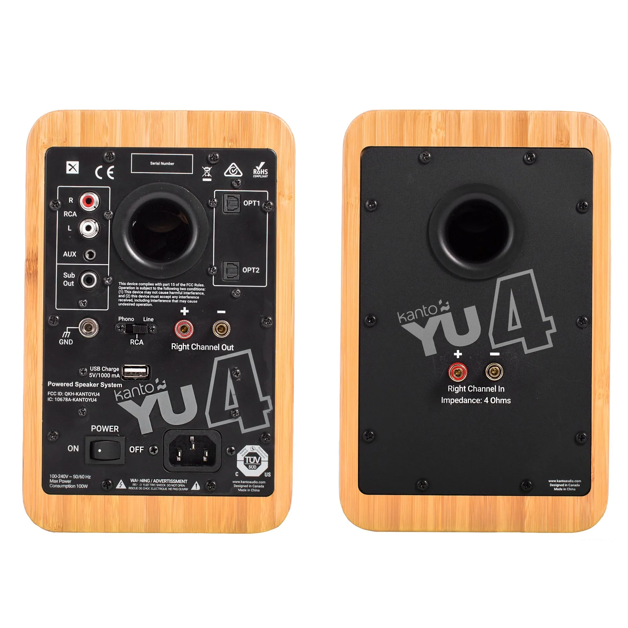 Kanto YU4 140W Powered Bookshelf Speakers with Bluetooth and Phono Preamp - Pair, Bamboo with SP32PL Black Stand Bundle