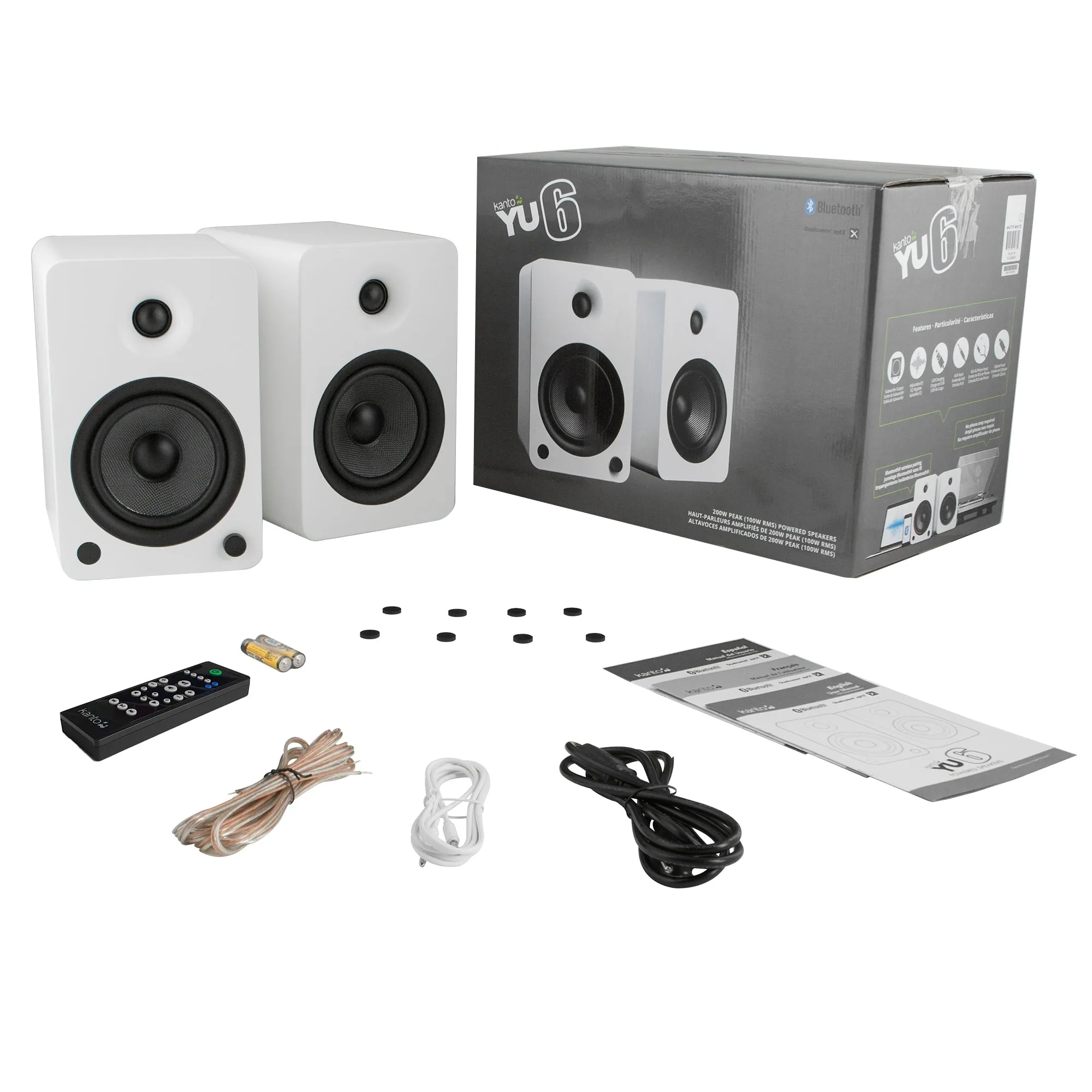 Kanto YU6 200W Powered Bookshelf Speakers with Bluetooth and Phono Preamp - Pair, Matte White with SP26PLW White Stand Bundle