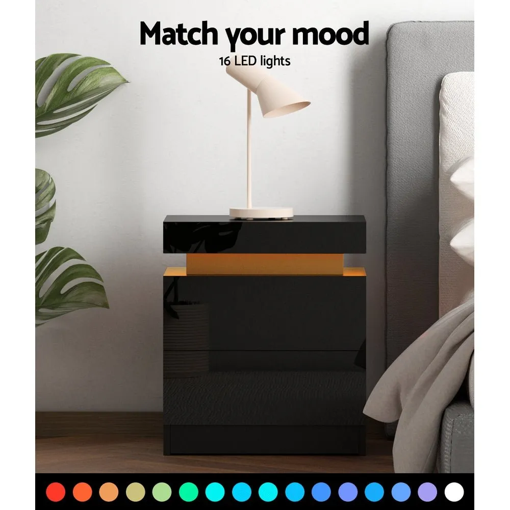 LED Light Bedside Table With Drawers Black