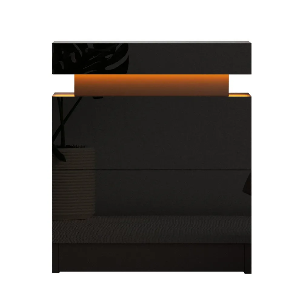 LED Light Bedside Table With Drawers Black