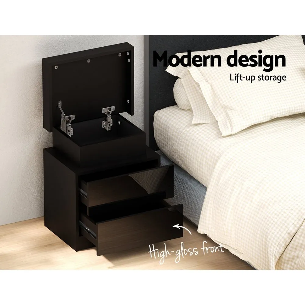LED Light Bedside Table With Drawers Black