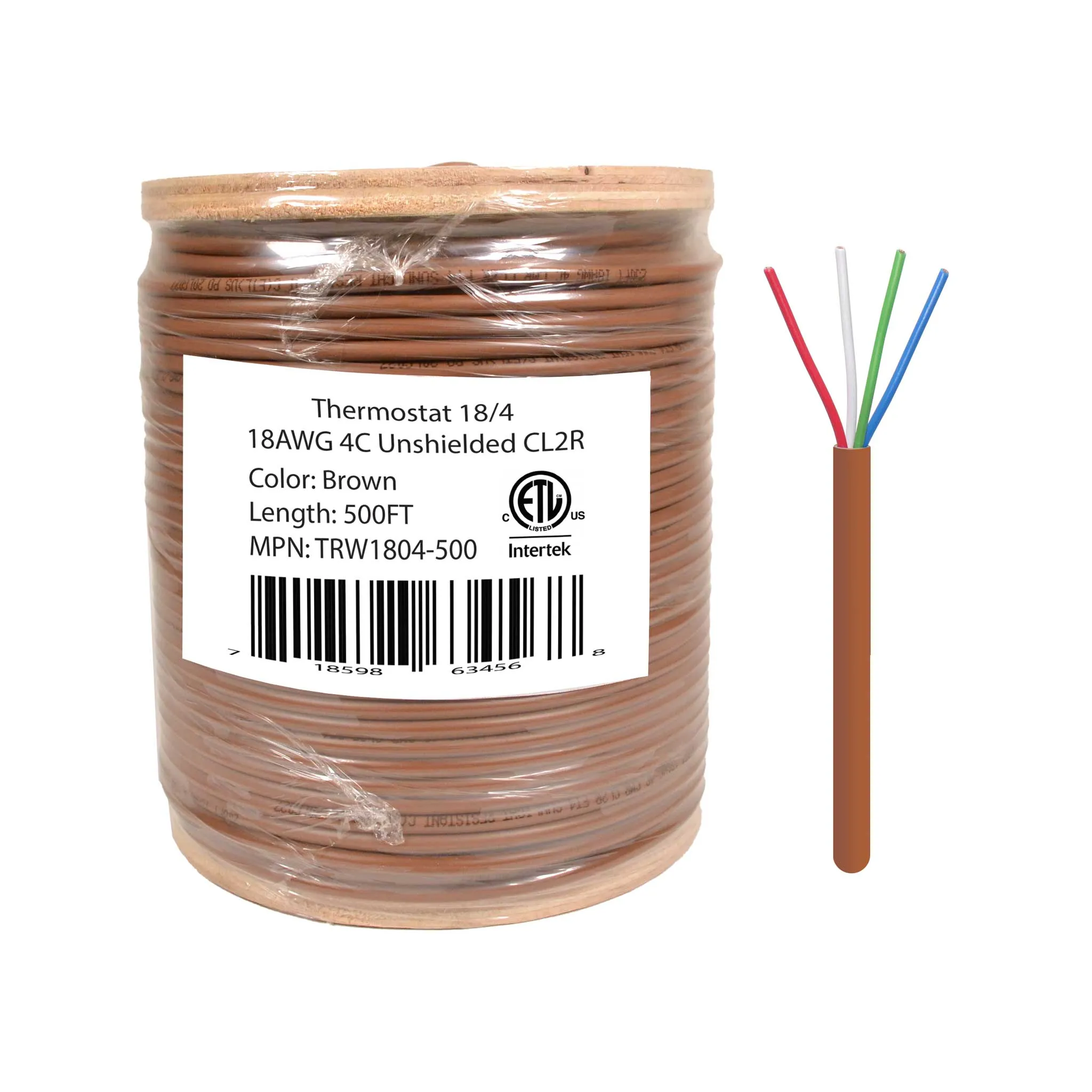 Logico TRW1804-500  18/4 Thermostat Wire 18 Gauge Solid Copper CMR Heating HVAC AC Cable 500FT Sunlight Resistant