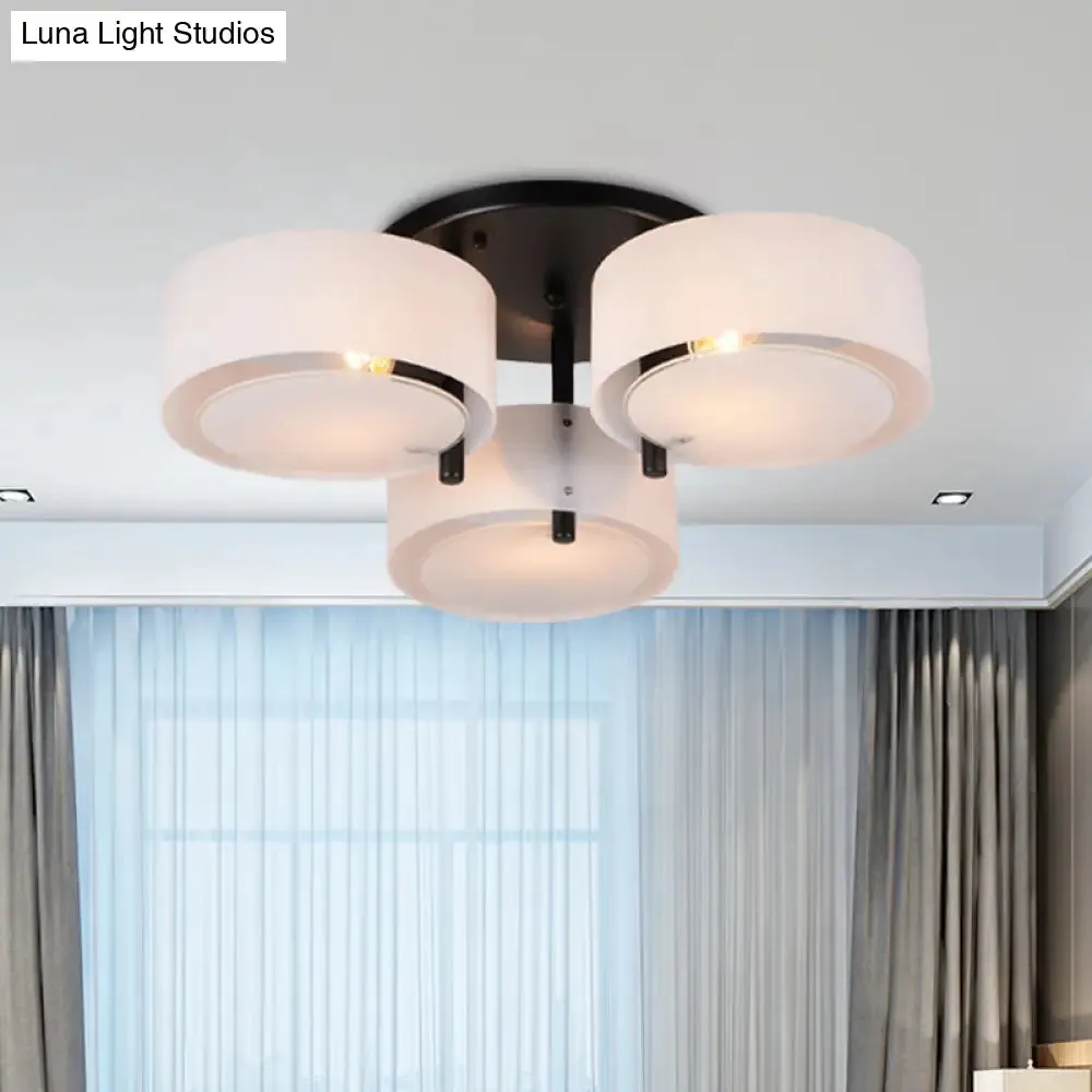 Modern 3-Head Semi Flush Mount Ceiling Light for Living Room in White Drum Shape