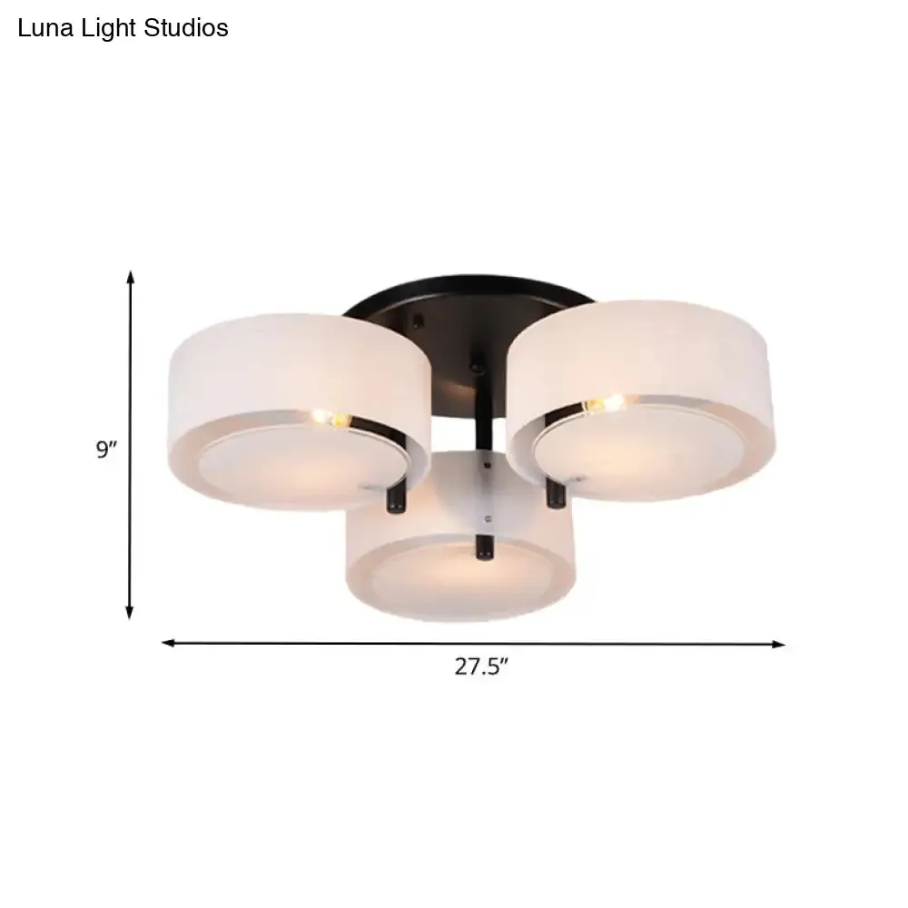 Modern 3-Head Semi Flush Mount Ceiling Light for Living Room in White Drum Shape